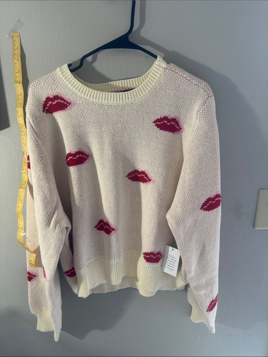 Eloquii Sweaters - Cream Knit Sweater with Pink Lip Print